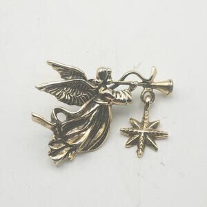 Gold Tone Angel Trumpet Lapel Pin Dangle Star Charm Christmas Nativity CANCO
